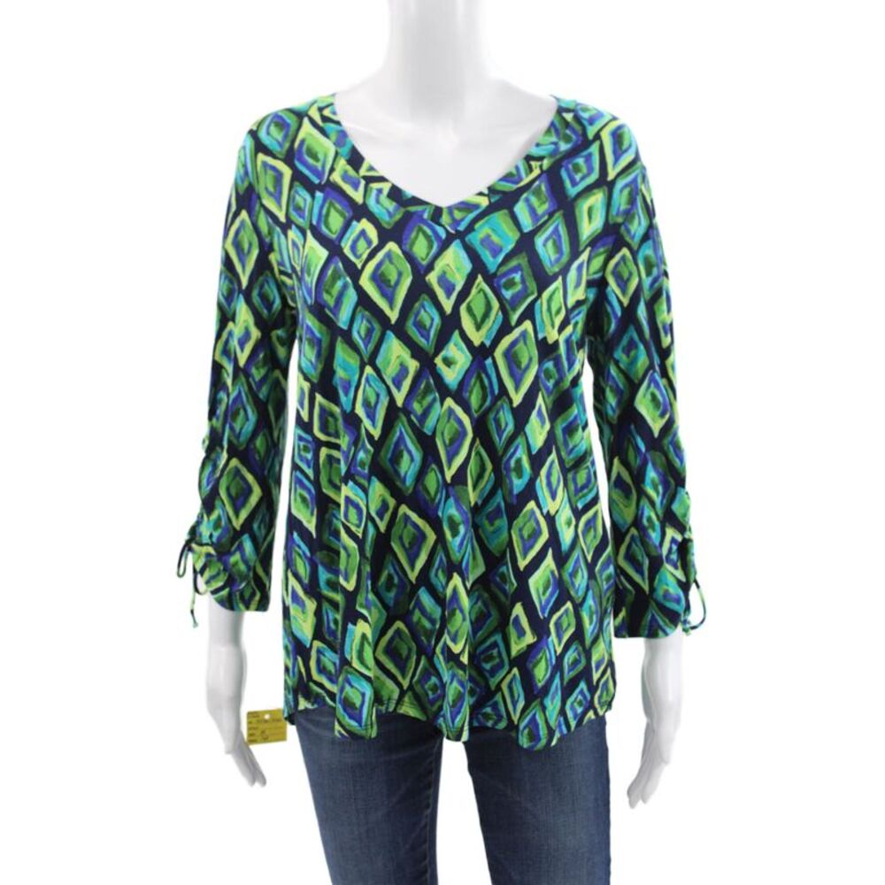 Pure Essence Women Multicolor V-Neck Geometric Basic Blouse 3/4 Sleeve Size M